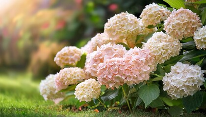 Hydrangea paniculata blooming outdoors, Vanille Fraise panicled hydrangea with pink and white flowers in summer garden