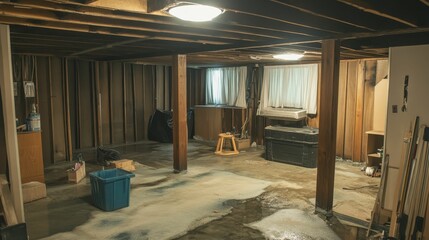 Abandoned basement space with wooden beams and open windows.