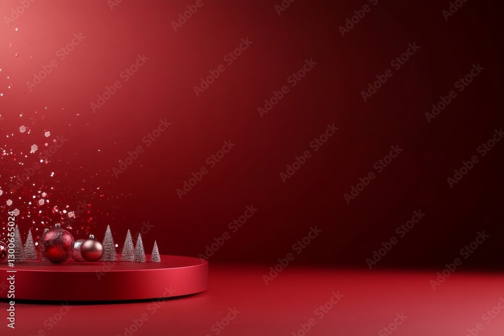 Poster decorative festive podium in deep red showcases shiny baubles and silver christmas trees, positioned