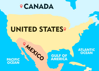 New USA map. Gulf of America, Mexico, Canada