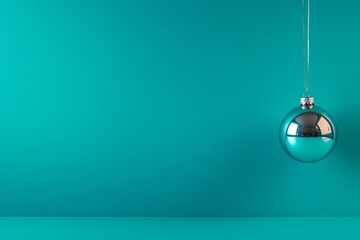 A single shiny silver Christmas bauble hangs from a thin string, set against a soft pastel blue background, creating a festive and minimalist atmosphere