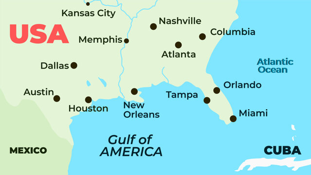 Gulf of Mexico renamed as gulf of America. Detailed colored map illustration.