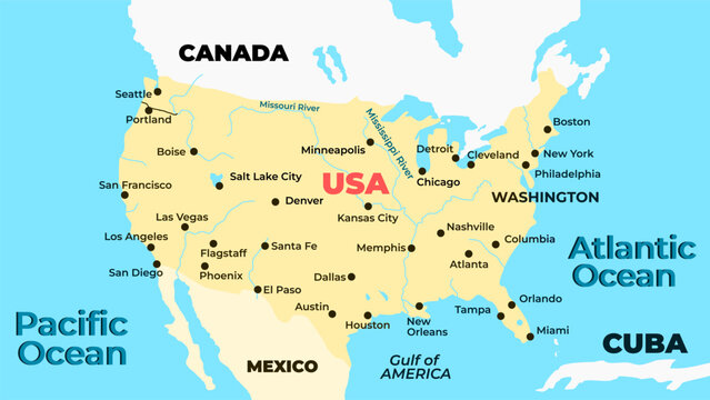 Vector map of the United States highlighting Florida, Texas, and Gulf region illustration.