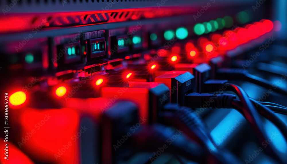 Poster a close-up view highlights a server rack with glowing red and green lights, indicating active connec
