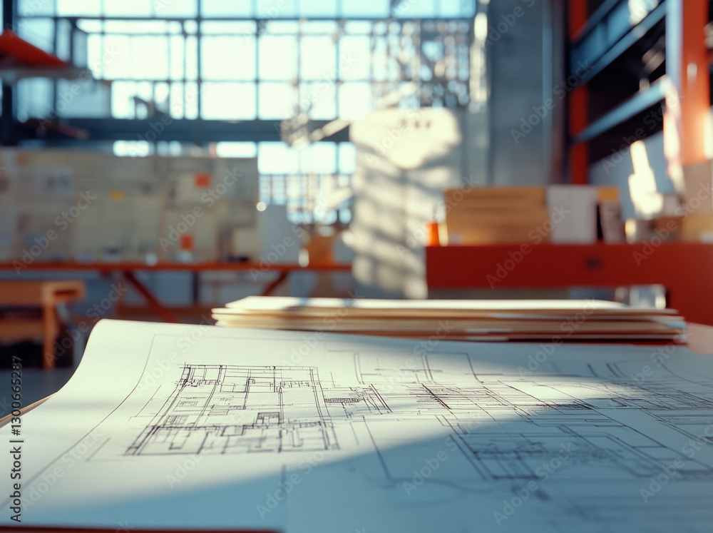 Poster detailed blueprints lay on a workbench in a bright architectural workspace, illuminated by sunlight 