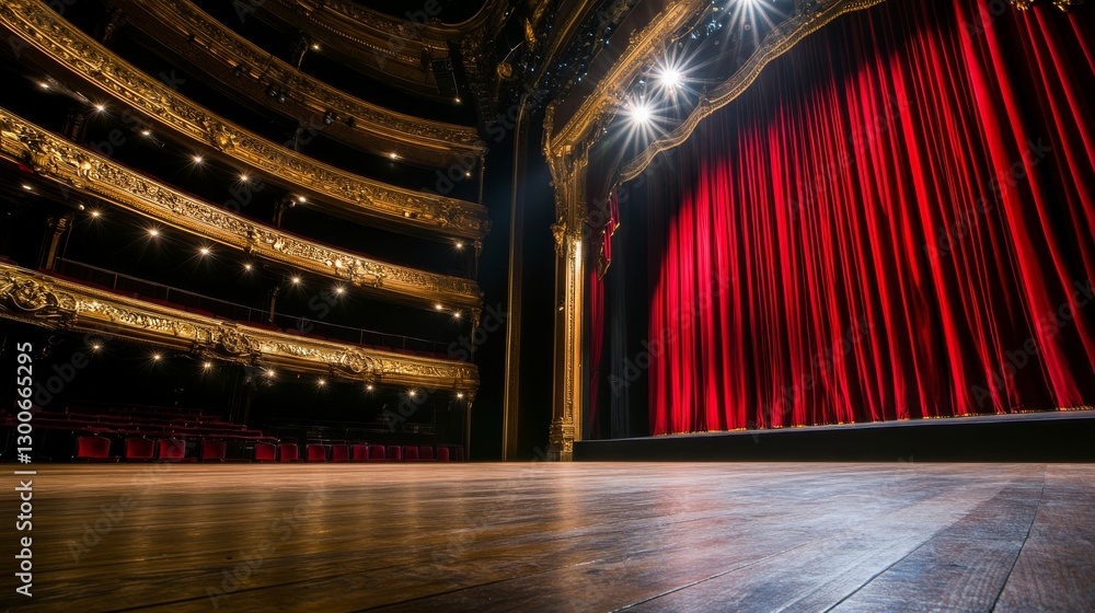 Poster an empty theatre stage features rich burgundy curtains and ornate gold details, dramatically illumin