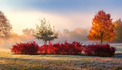 Japanese barberry bush in autumn city park against trees in misty morning, fall landscape