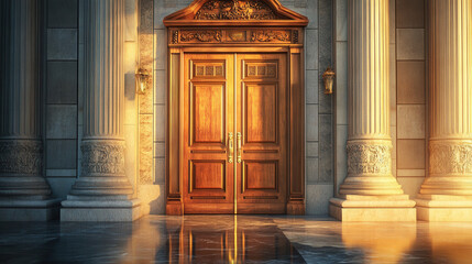 An elegant doorway with intricate wooden framing, illuminated by a warm golden hue, reflecting subtly on a polished stone floor
