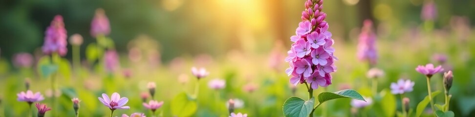 A soft pink lilac blooms in a lush meadow amidst wildflowers, petals, calm