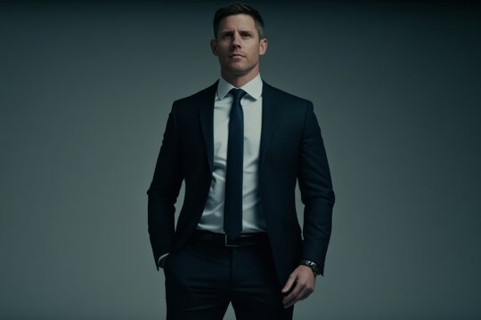 Businessman stands confidently in a tailored suit, looking directly ahead against a neutral background, embodying professionalism and authority