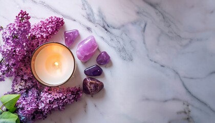 gemstones minerals candle lilac flowers on marble background healing stones for crystal ritual esoteric spiritual practice aura cleansing relax reiki therapy fluorite amethyst rose quartz