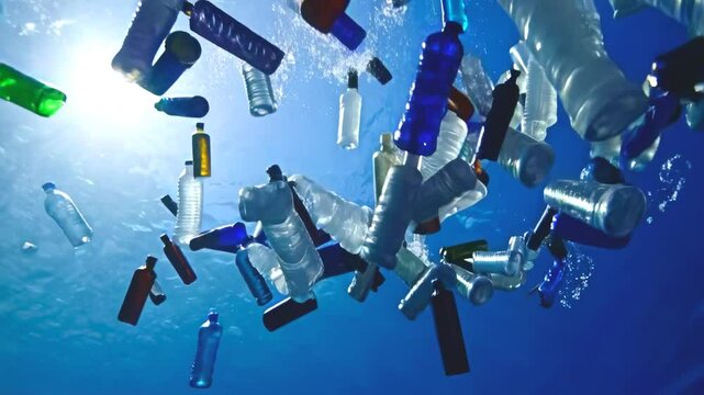 Underwater pollution reveals devastating marine contamination. Plastic waste creates haunting environmental narrative beneath ocean surface. Fixed underwater perspective.