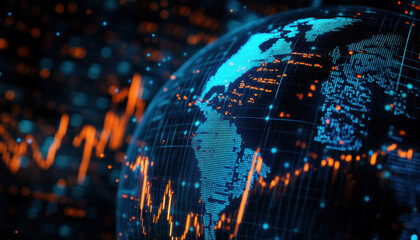 Detailed visual representation of a globe showcasing geographic data and stock market analytics, emphasizing global finance trends