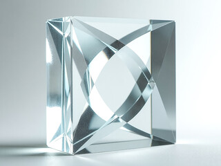 A clear cube with a diamond shape on it. The cube is made of glass and is sitting on a white surface