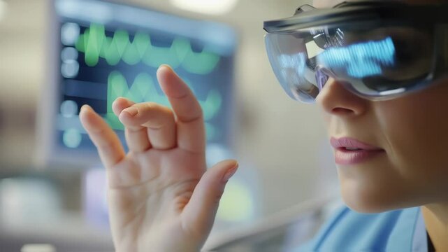 Innovative medical technology empowers a female surgeon wearing smart glasses, utilizing augmented reality to enhance surgical precision and patient care in the operating room