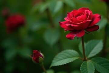 Deep red rosebuds, velvety petals, lush green foliage, spring, floral