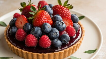 The textures of raspberries, blueberries, and strawberries on a crispy base, with a glossy jelly glaze.