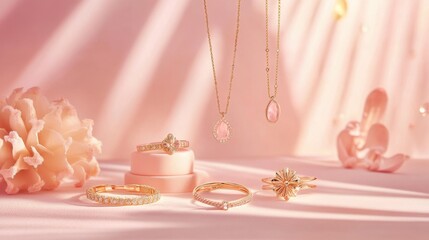A high-end collection of pink gold jewelry displayed on a soft pastel background
