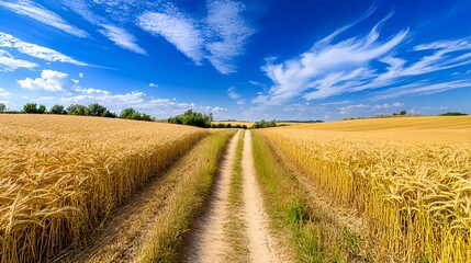 Golden Wheat Field Path, Summer Sky - Nature photography
