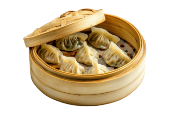 Delicious steamed dumplings in bamboo steamer with transparent background a culinary delight