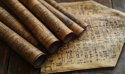 Ancient papyrus scrolls and paper covered in cryptic hieroglyphs on