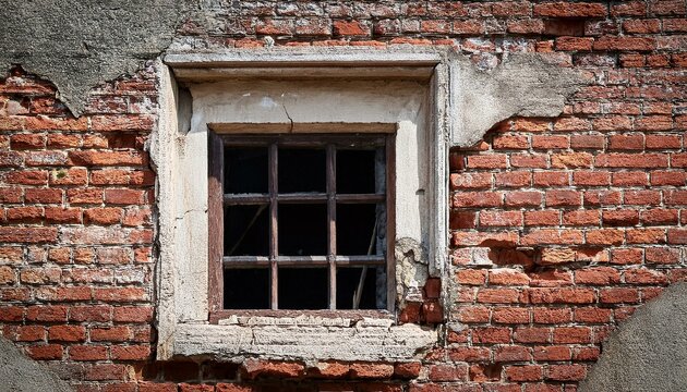 old vintage cracked and damaged niche or blind window on historical architecture building facade made of brick and concrete as background