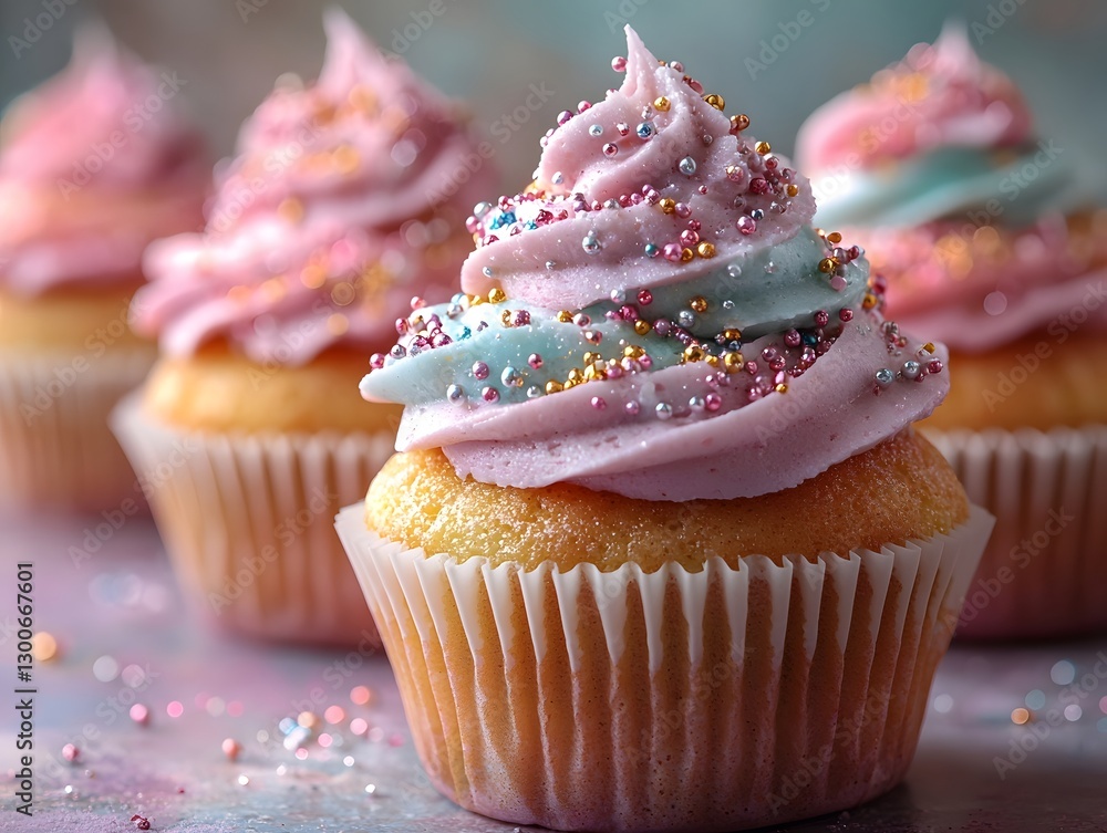 Poster vibrant cupcakes with colorful frosting and glittering toppings arranged in whimsical pattern