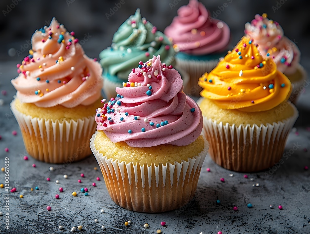 Poster serene glowing cupcakes with multicolored frosting and glittering toppings in whimsical arrangement