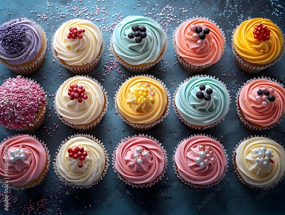 Poster glowing cupcakes with vibrant frosting and glittering toppings arranged in whimsical pattern