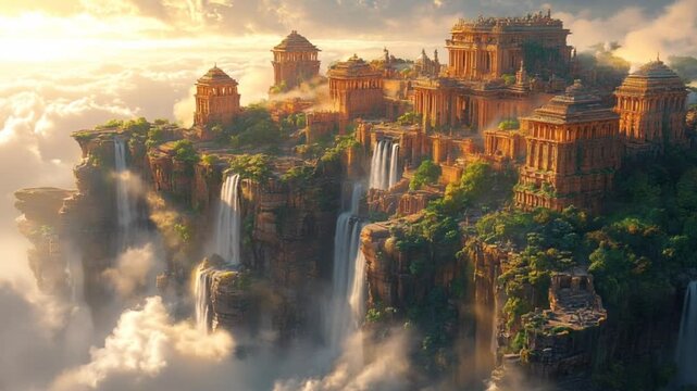 Ancient mythical city on floating cliffs with waterfalls. Fantasy landscape concept