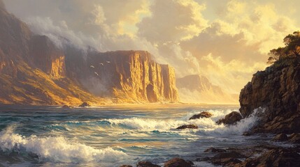 Obraz premium A rugged cliff illuminated by warm golden sunlight, with ocean waves pounding the rocky shoreline and mist rising into the air