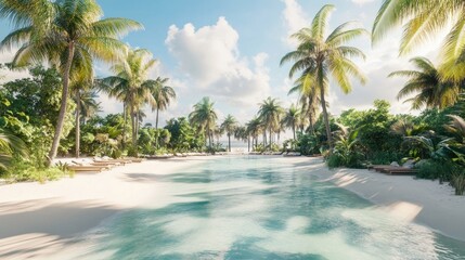 Fototapeta premium A serene tropical paradise with crystal-clear waters, soft white sand, and rows of lush palm trees swaying under sunny skies