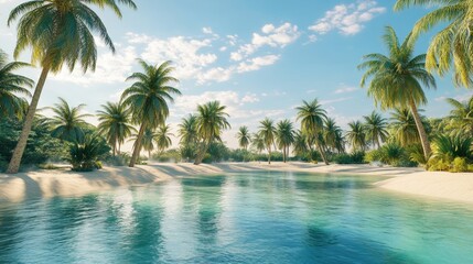 Obraz premium A serene tropical paradise with crystal-clear waters, soft white sand, and rows of lush palm trees swaying under sunny skies