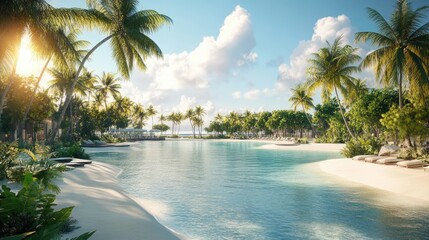 Fototapeta premium A serene tropical paradise with crystal-clear waters, soft white sand, and rows of lush palm trees swaying under sunny skies