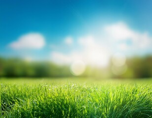 nature background with sunny spring meadow blur background blue sky to green grass