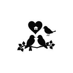two birds on a branch with love icon.Valentines Day icon set vector illustration.