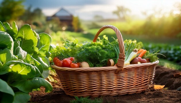 panier de legumes dans un jardin potager bio