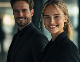 A small group of diverse business professionals, led by a confident senior leader, stands united in a modern office setting.