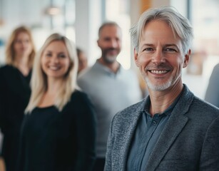 Obraz premium A small group of diverse business professionals, led by a confident senior leader, stands united in a modern office setting.