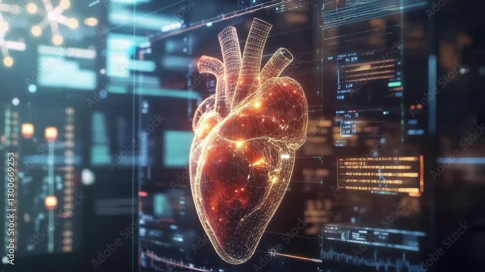 Poster glowing polygonal human heart rotating on advanced medical display, visualizing cardiac data and vit