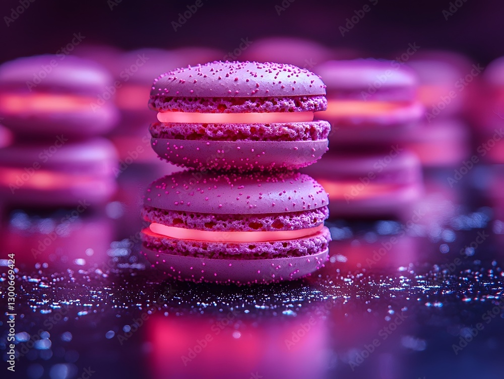 Aufkleber Glowing Macaron Stack with Intricate Pastel Patterns on Reflective Surface