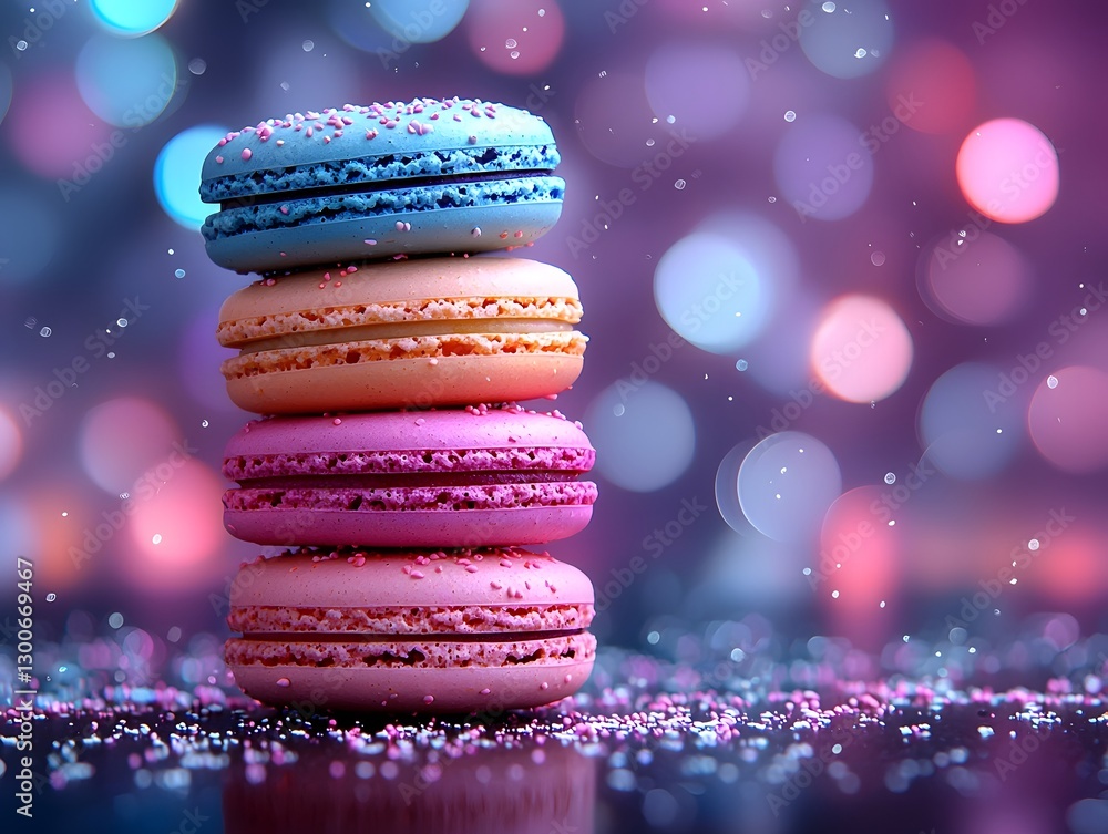 Aufkleber glowing macaron stack with intricate pastel patterns on reflective surface