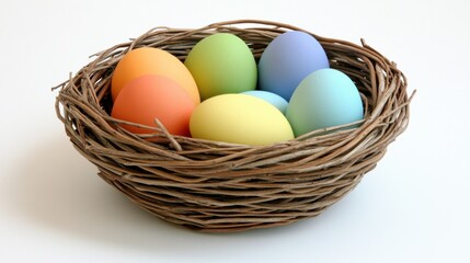 A nest-style basket filled with rainbow-colored eggs, carefully positioned on a minimal white background