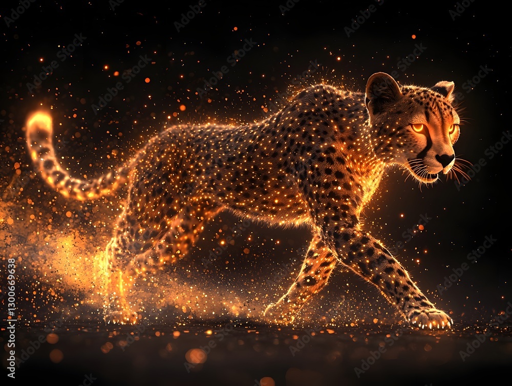 Poster radiant neon cheetah in dynamic motion across isolated black background with copy space