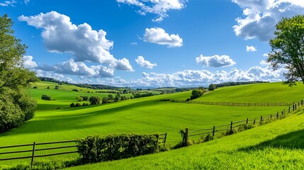 Fototapeta premium Lush Green Rolling Hills, Sunny Sky - Vibrant nature photography