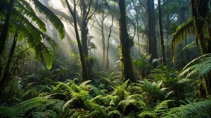 Obraz premium Sunlit Rainforest Landscape Lush Ferns Trees Nature Photography