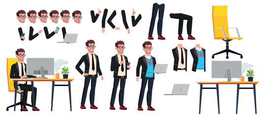Business man character constructor. Male Manager. Set of different body positions, arms and legs, different emotions. Constructor to create animations or your own illustrations. DIY Set