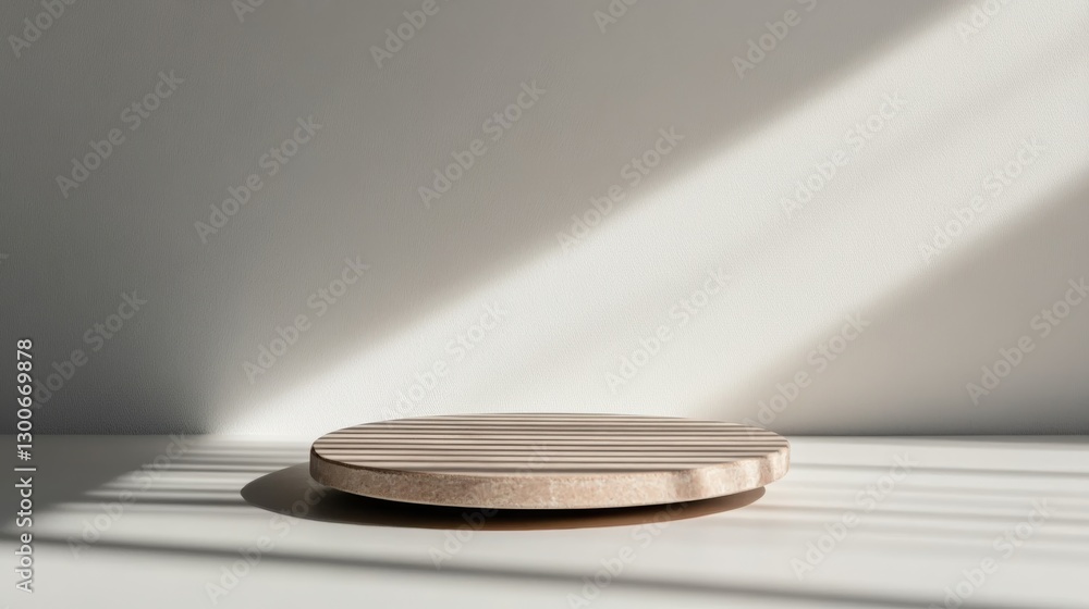 Aufkleber Sleek stone podium with smooth edges sits on a beige surface, casting a soft shadow, offering an ideal setup for showcasing products with copy space