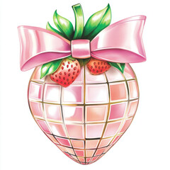 watercolor illustration of disco ball shaped like strawberry with pink bow