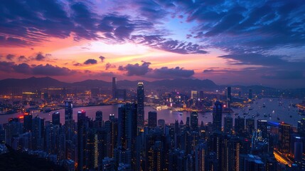Obraz premium Stunning twilight view of Hong Kong skyline with vibrant colors reflecting on the harbor and bustling city life